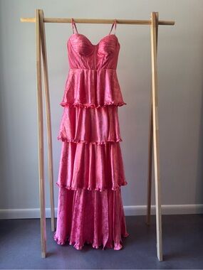 B Darlin Pink Floral Tiered Satin Maxi Dress with Sweetheart Bust